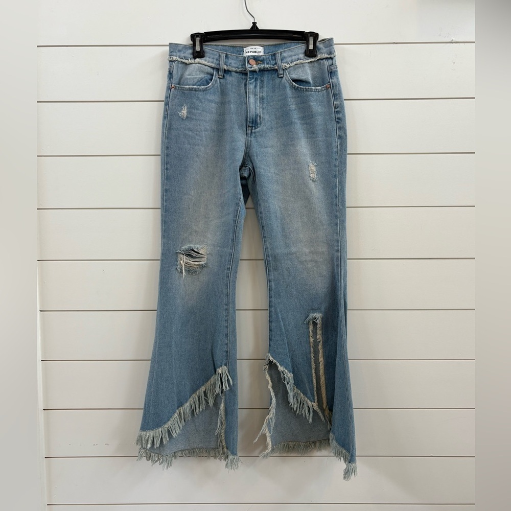 For The Republic Light Blue Distressed Flare Jeans with Frayed Hem
